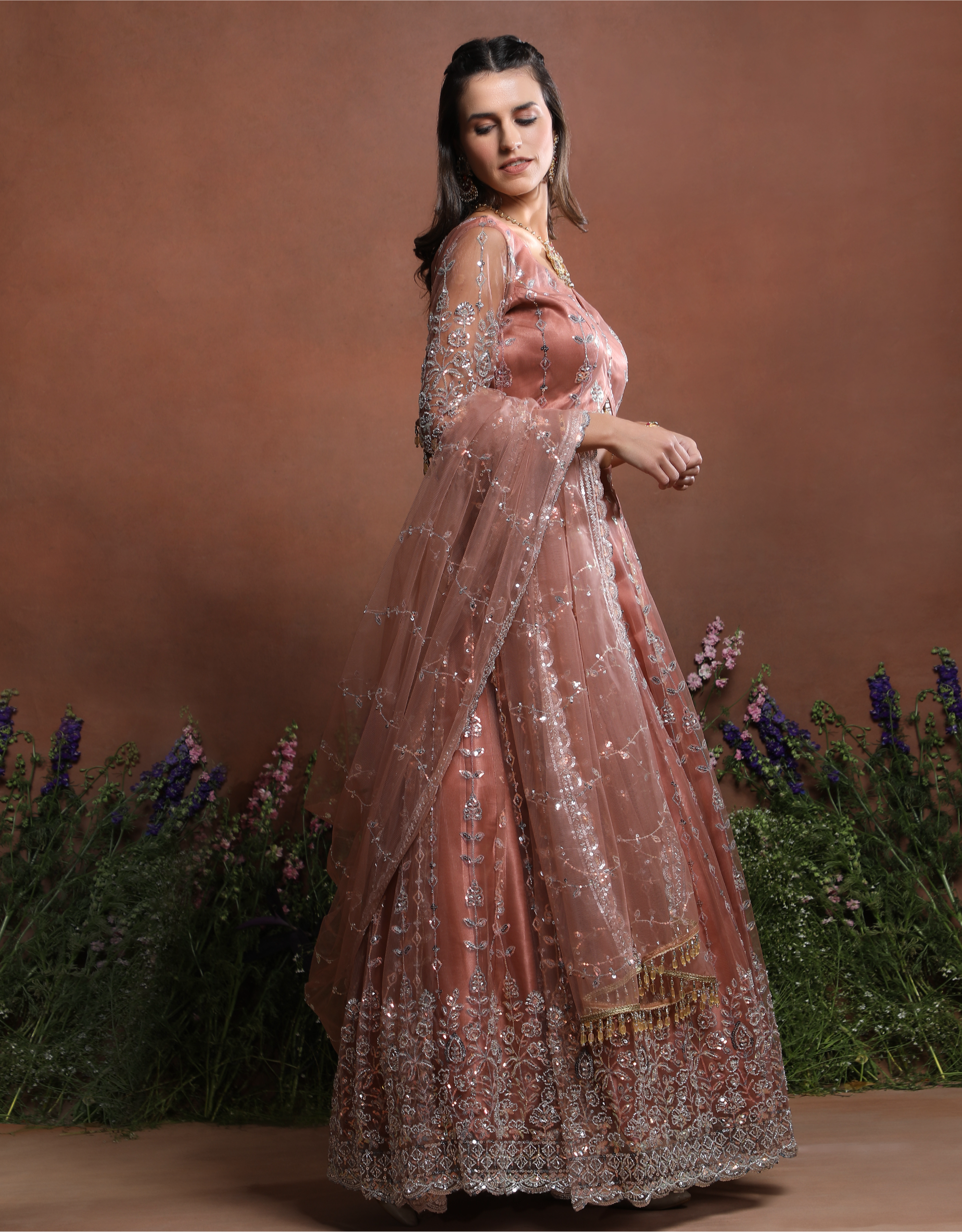 Dusty Rose Sparkle Embroidered Net Lehenga