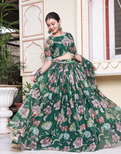 Emerald Green Floral Print Embroidered Organza Lehenga
