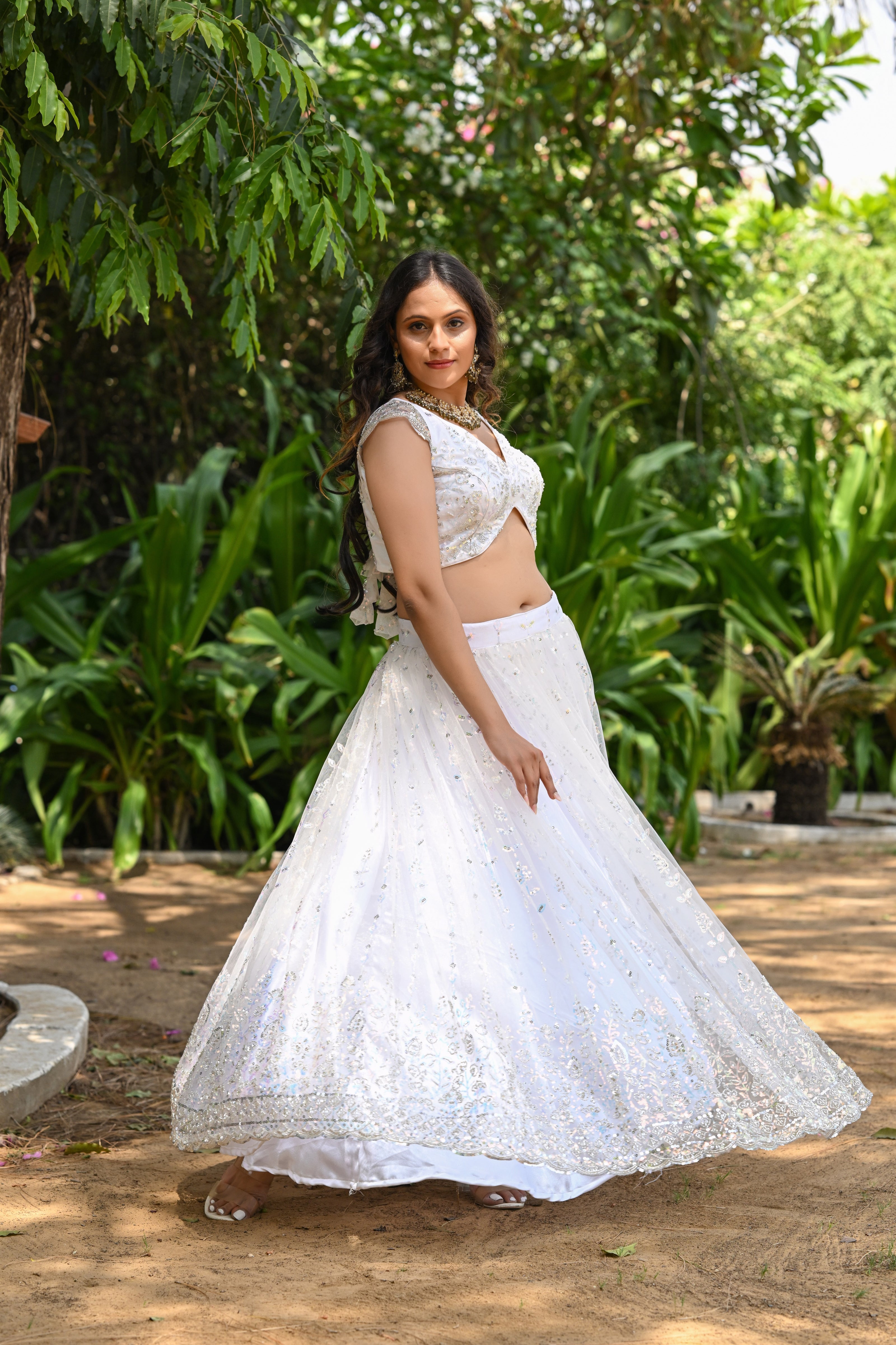White Sparkle Embroidered Net Lehenga
