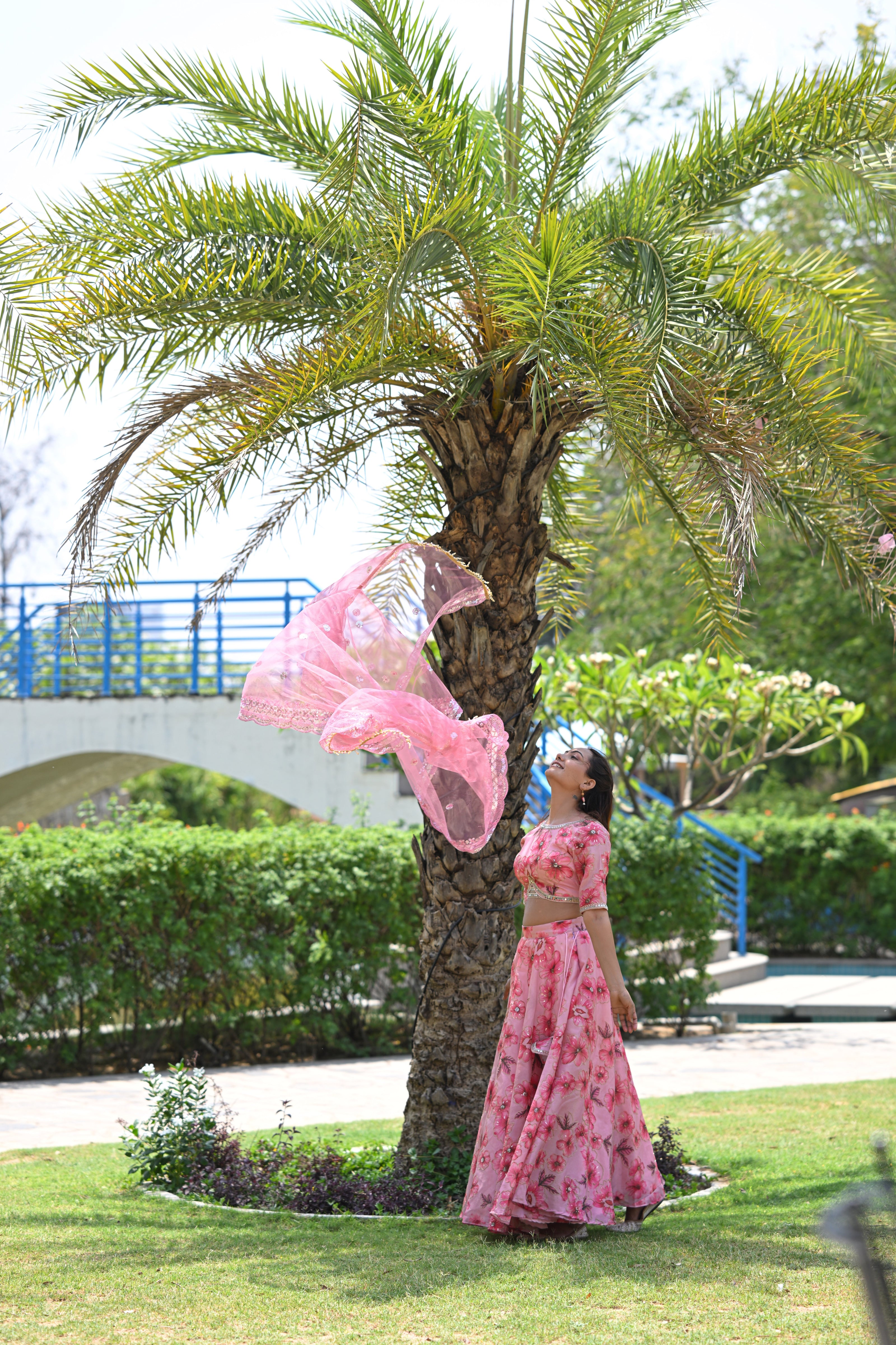 Pink Multicolor Floral Embellished Organza Lehenga