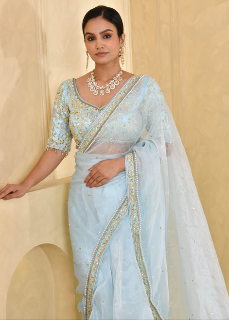 Sky Blue Hand-Embroidered Tissue Saree