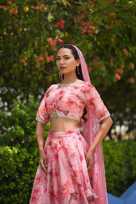 Pink Multicolor Floral Embellished Organza Lehenga