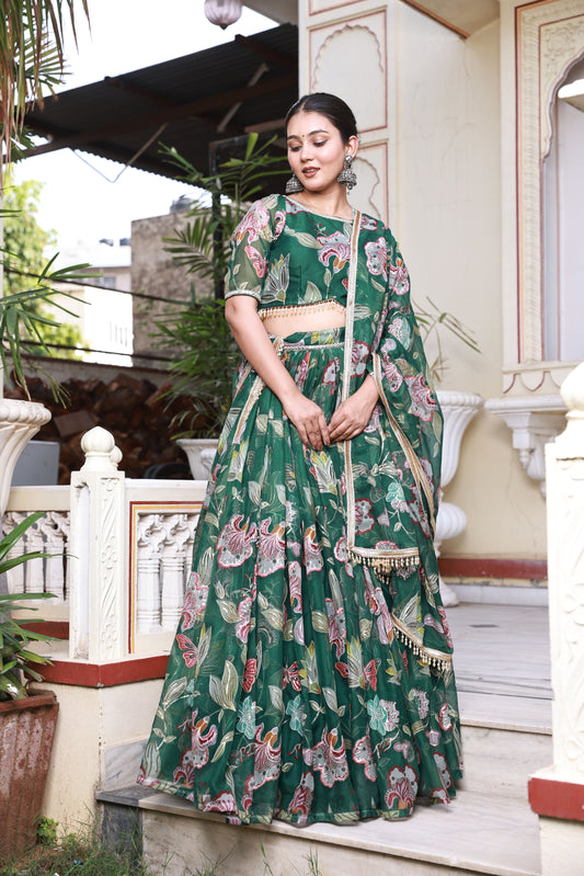 Emerald Green Floral Print Embroidered Organza Lehenga