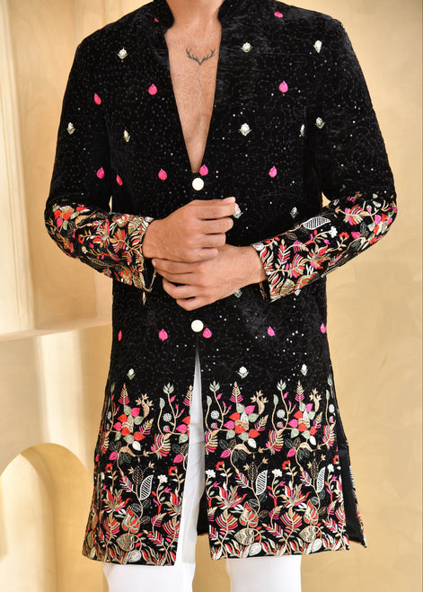 Black Embroidered Velvet Indo-Western Suit