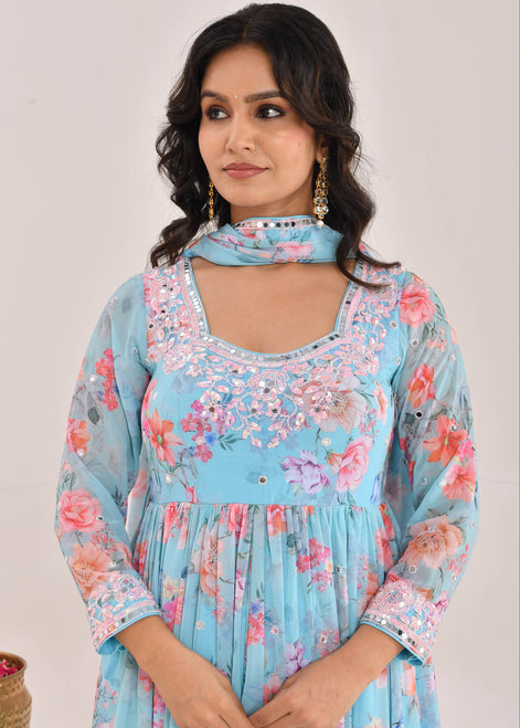 Sky Blue Floral Printed Hand-Embroidered Georgette Anarkali Suit