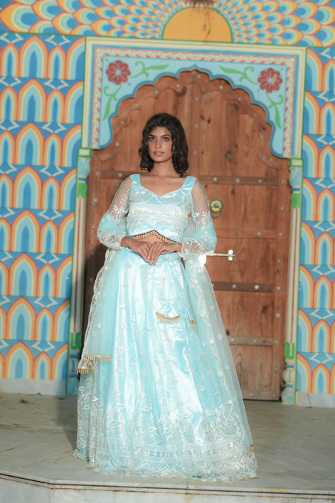 Mint Net Sequence Lehenga