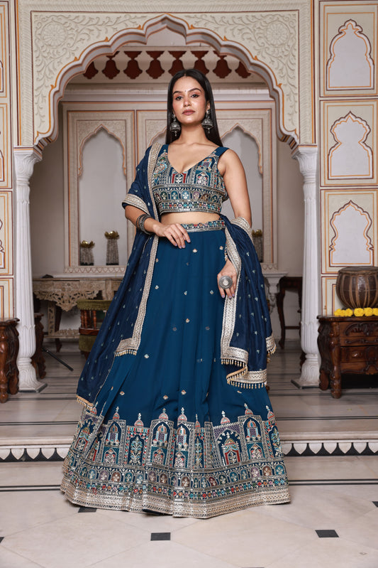 Navy Blue Embroidered Georgette Lehenga
