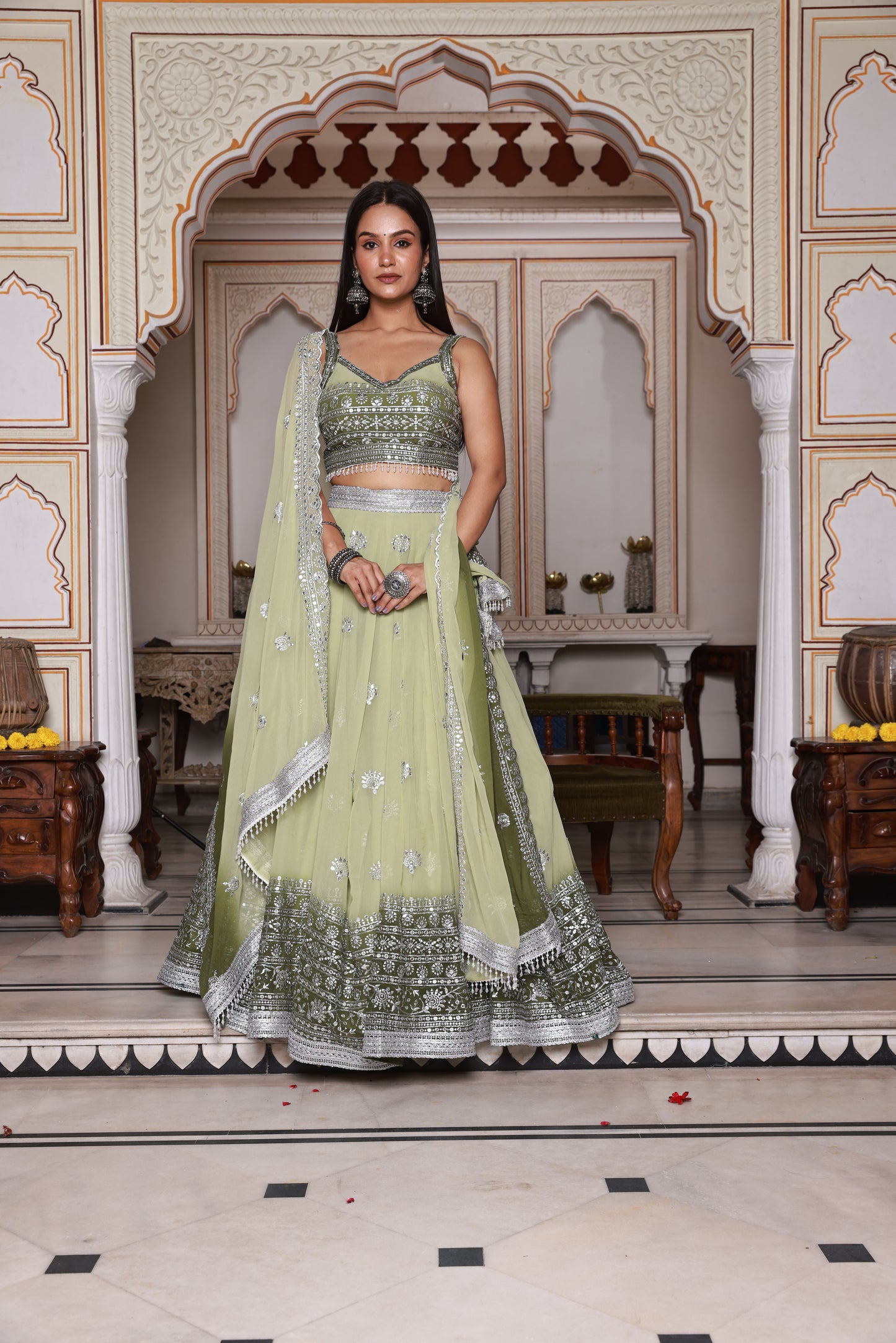 Light Green and Green Embroidered Georgette Lehenga