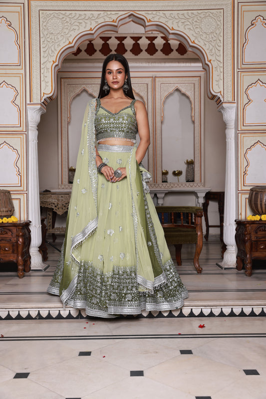 Light Green and Green Embroidered Georgette Lehenga