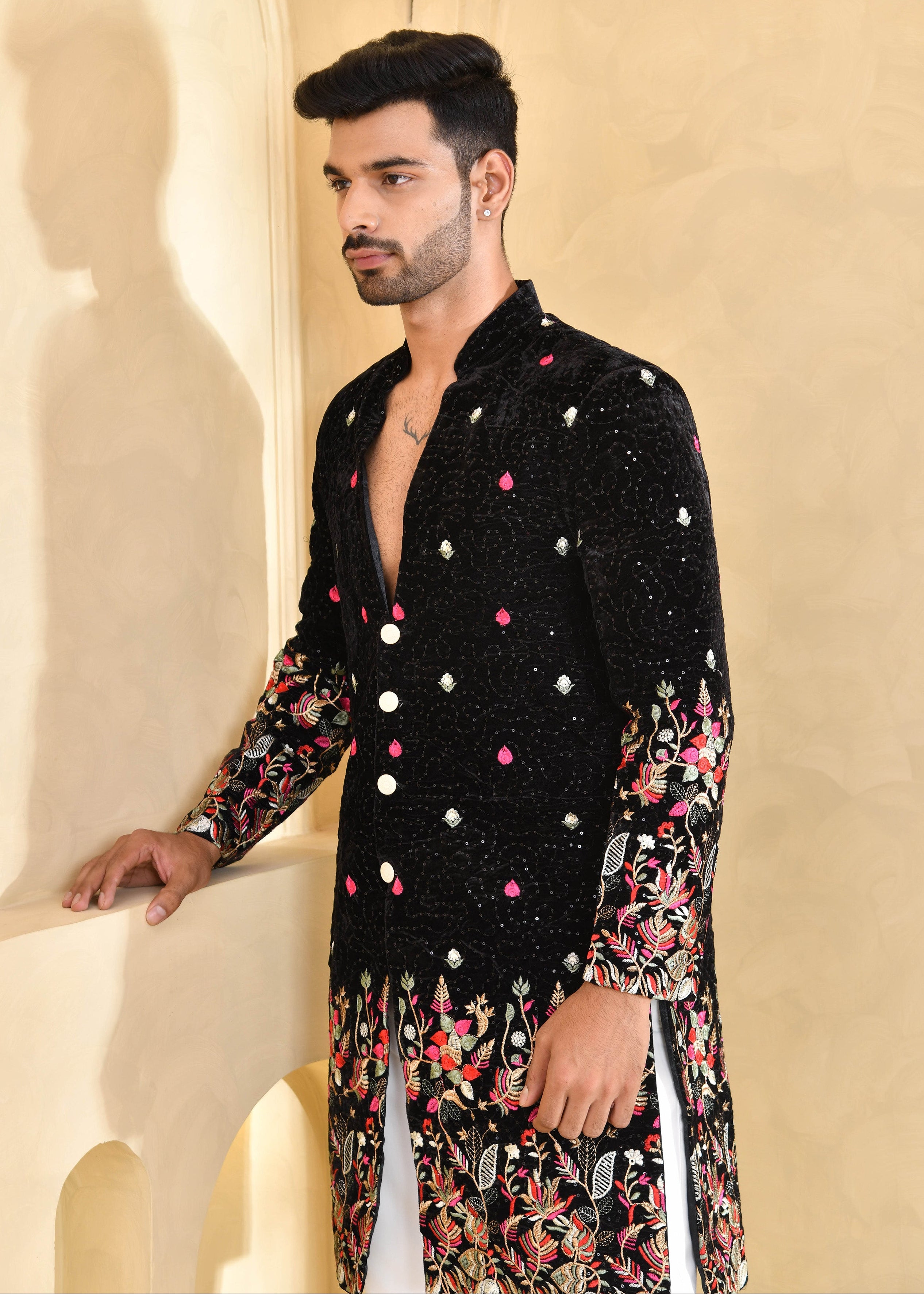 Black Embroidered Velvet Indo-Western Suit