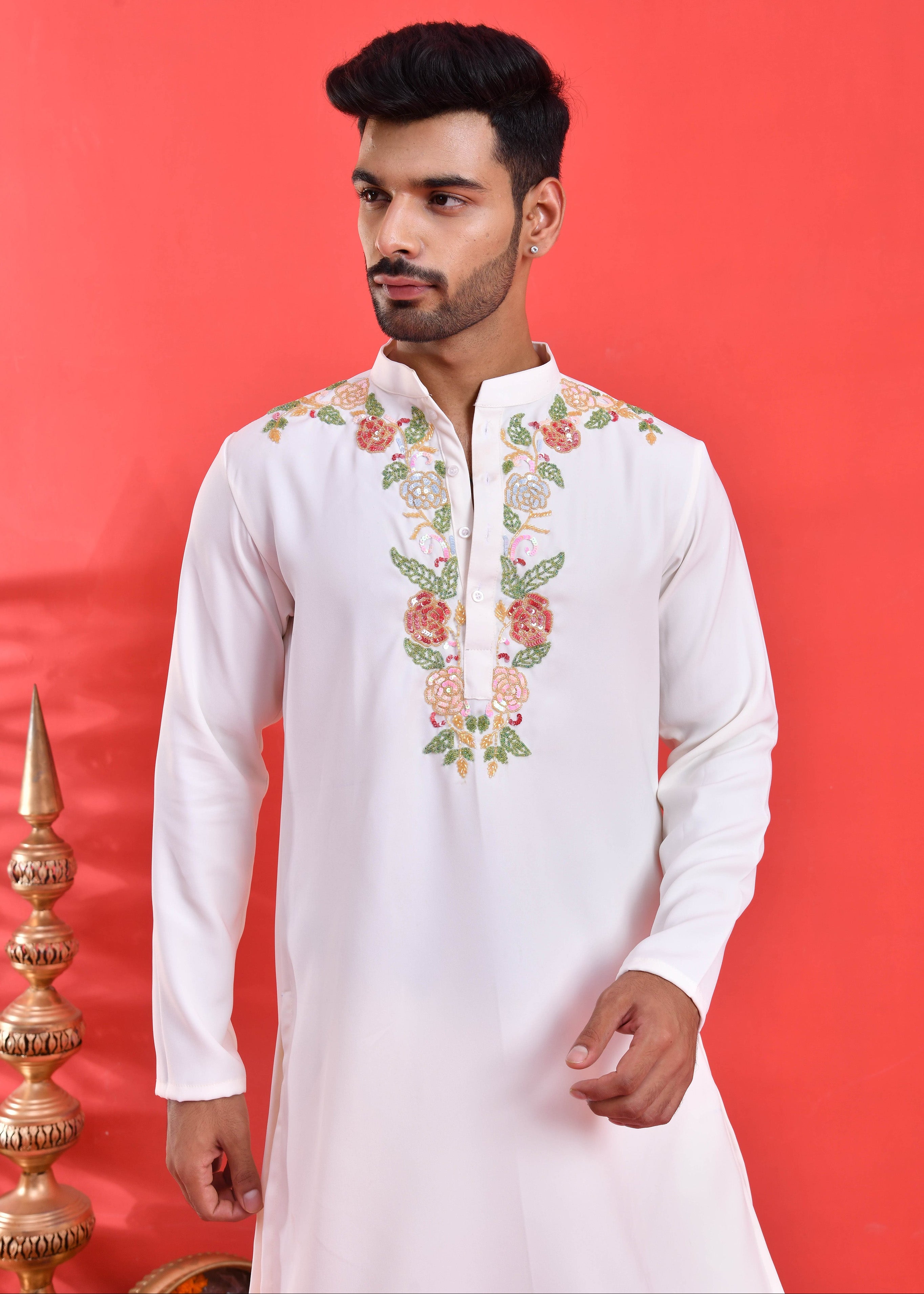 White Floral Hand-Embroidered Japanese Satin Kurta Set