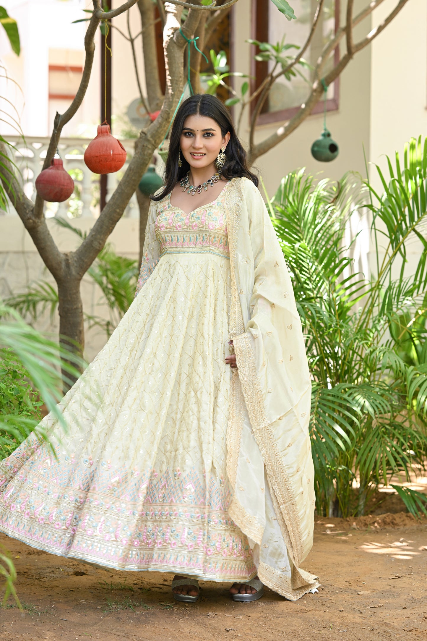 Beige Multicolor Floral Embroidered Silk Anarkali