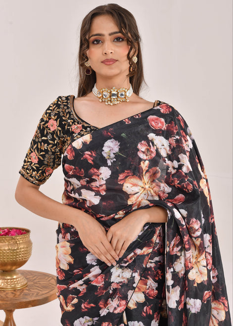 Black Floral Printed Hand-Embroidered Chiffon Saree