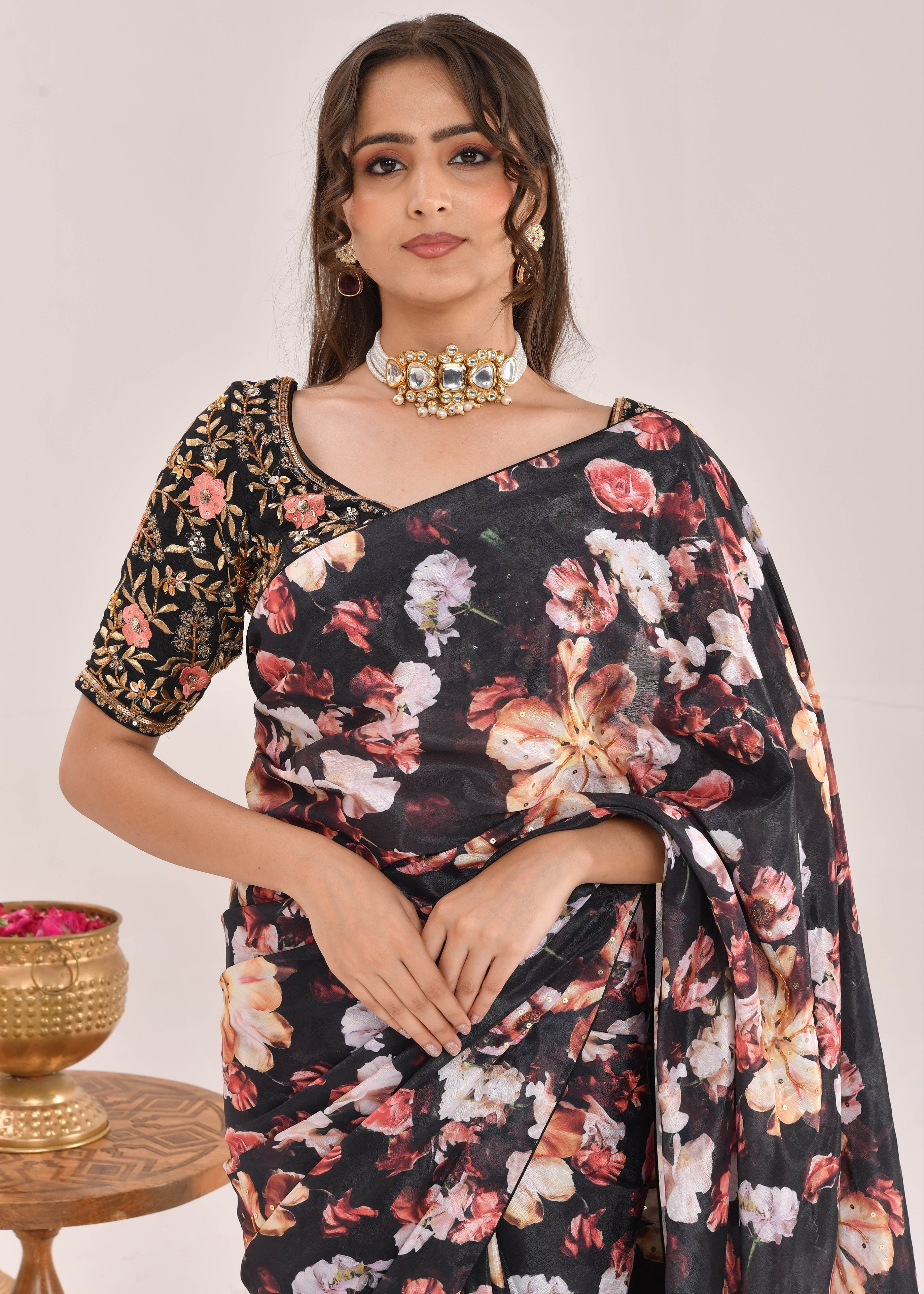 Black Floral Printed Hand-Embroidered Chiffon Saree