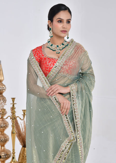 Sage Green Hand-Embroidered Tissue Saree