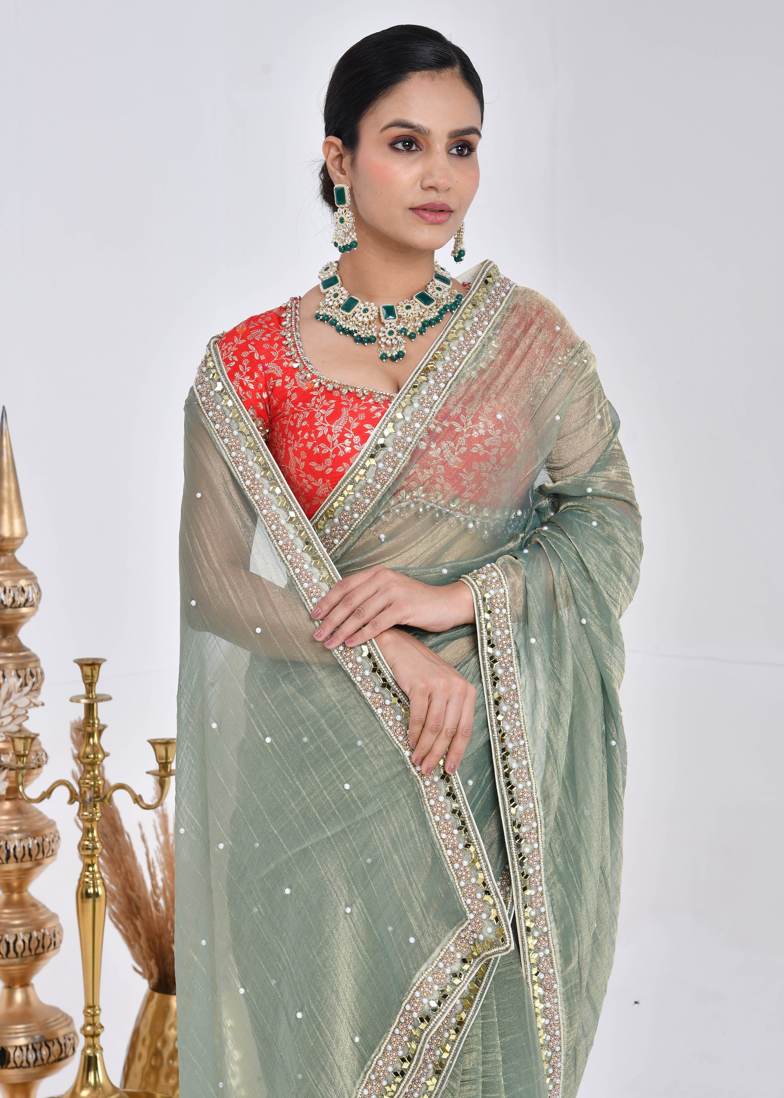 Sage Green Hand-Embroidered Tissue Saree