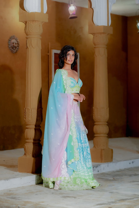 Multicolor Thread Embroidered Georgette Lehenga