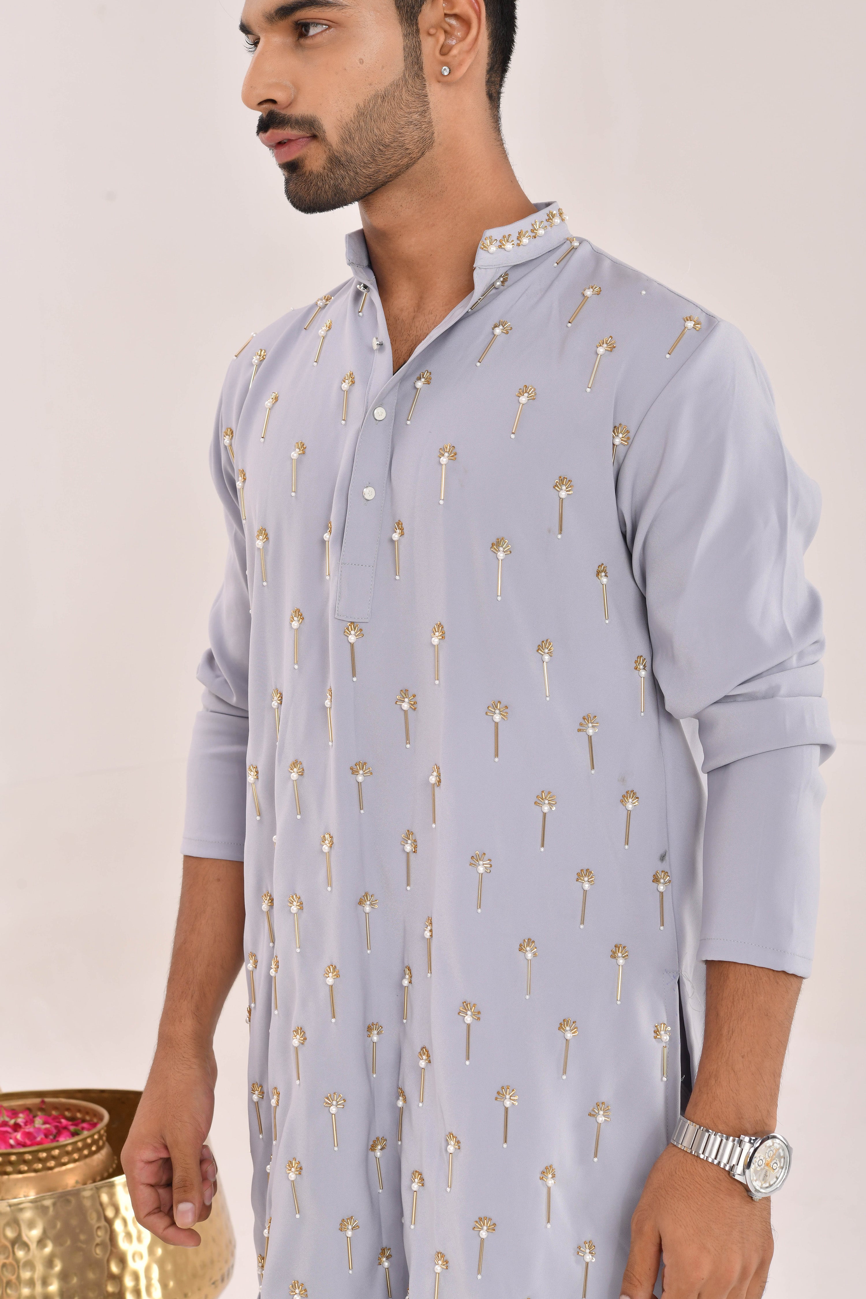 Powder Blue Hand-Embroidered Silk Kurta Set