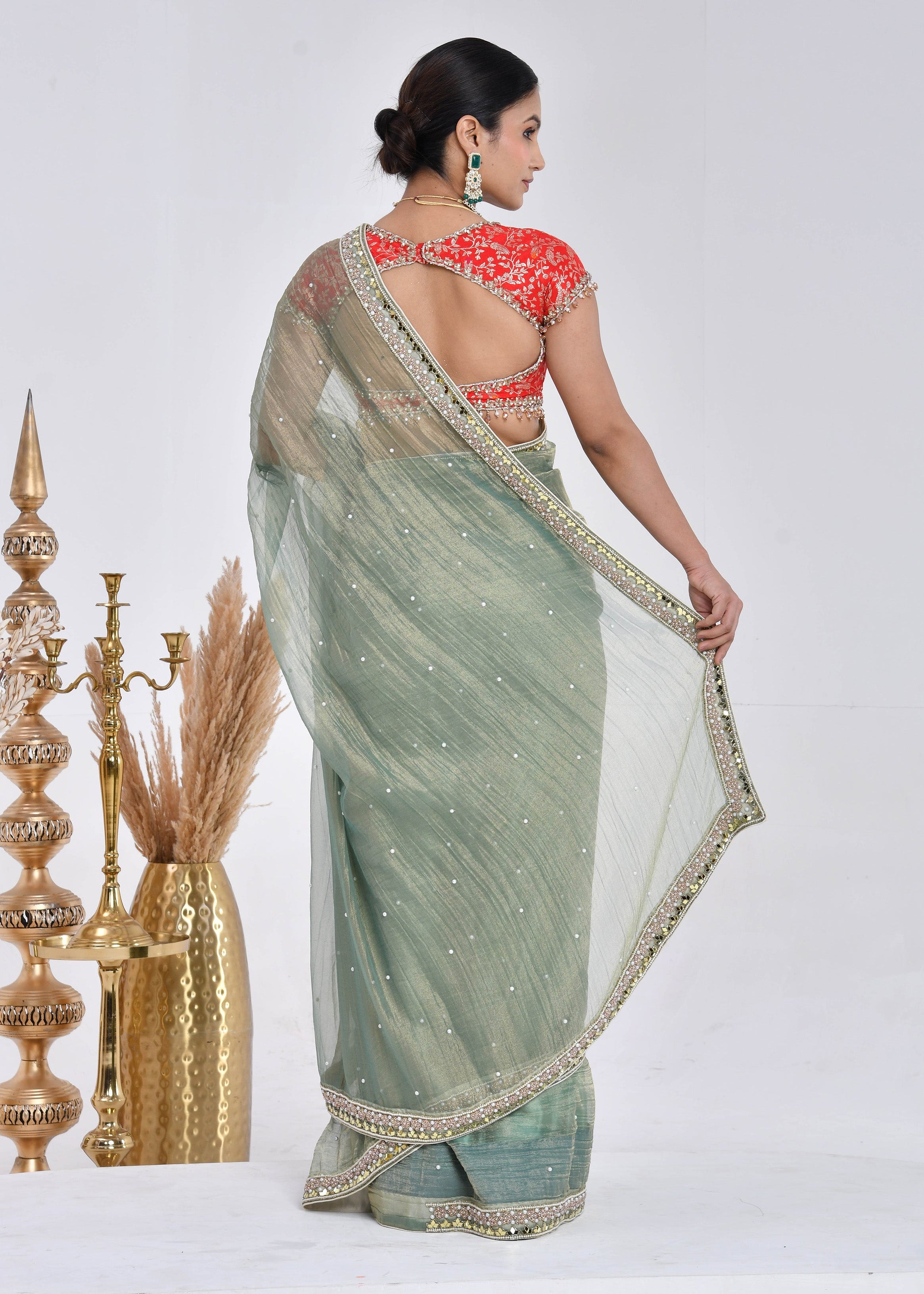 Sage Green Hand-Embroidered Tissue Saree