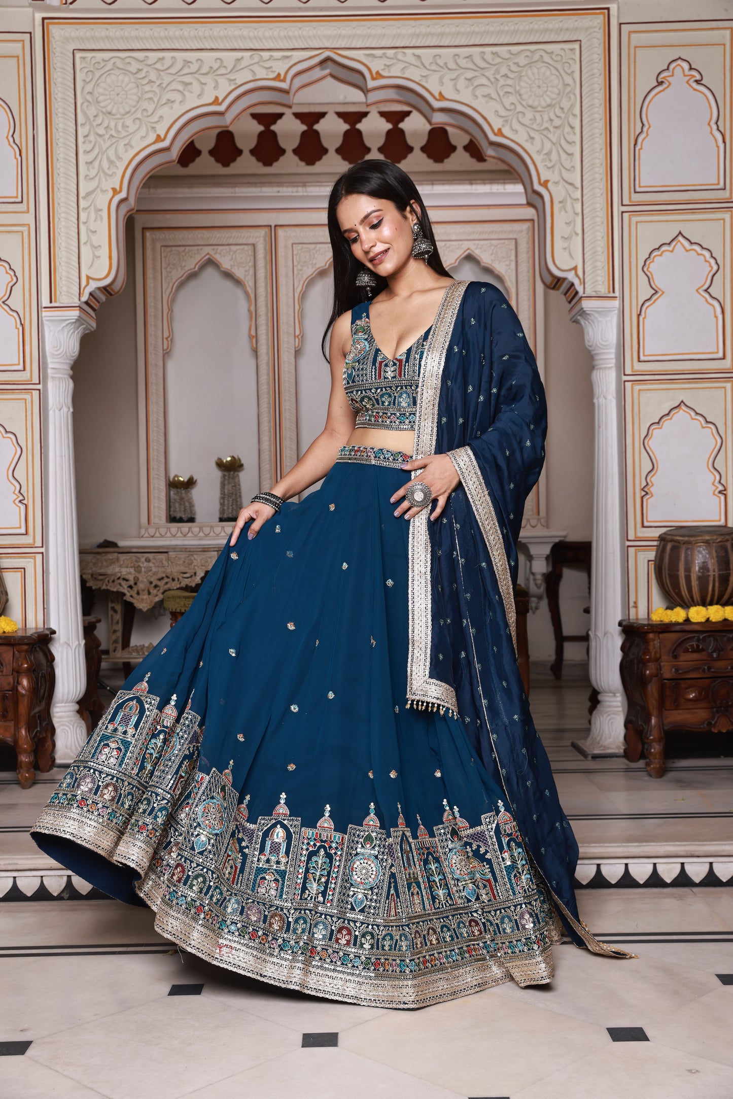 Navy Blue Embroidered Georgette Lehenga