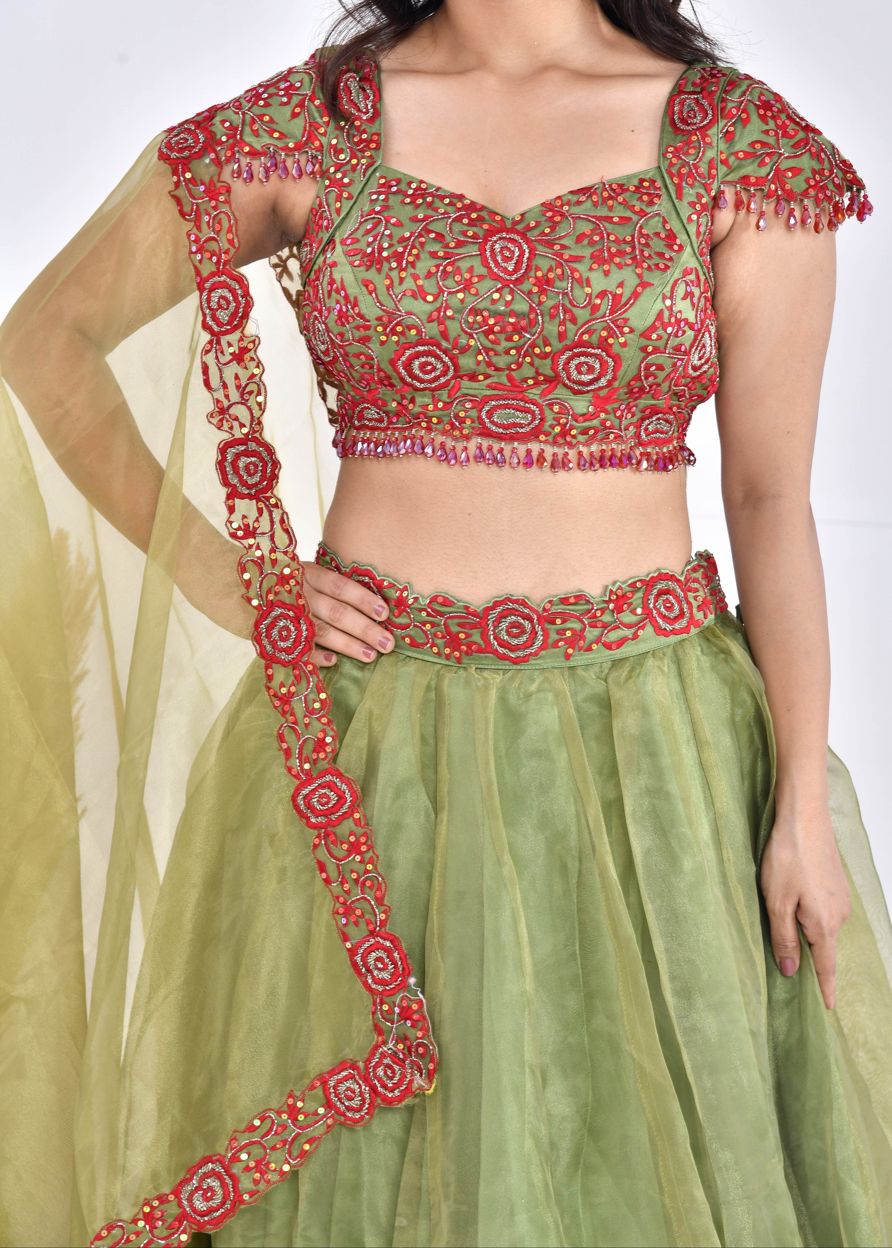 Olive Green Hand-Embroidered Silk Lehenga