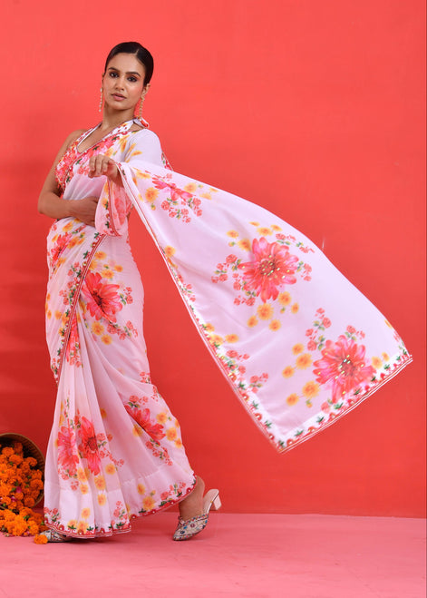 White Floral Hand-Embroidered Georgette Saree
