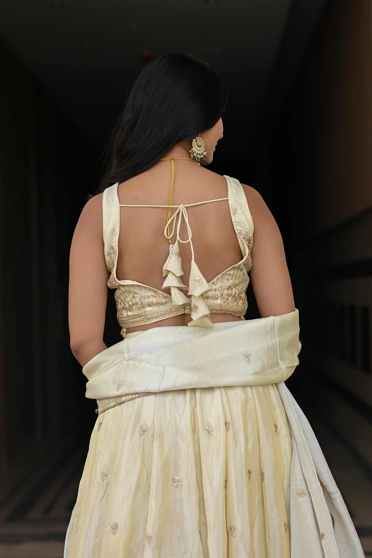 Off-White and Beige Embroidered Silk Lehenga
