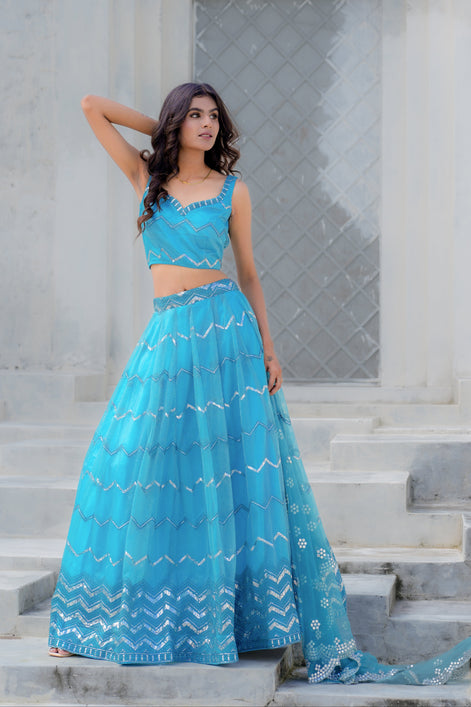 Sky Blue Embroidered Chiffon Lehenga
