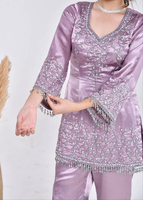 Mauve Hand-Embroidered Satin Sharara Suit