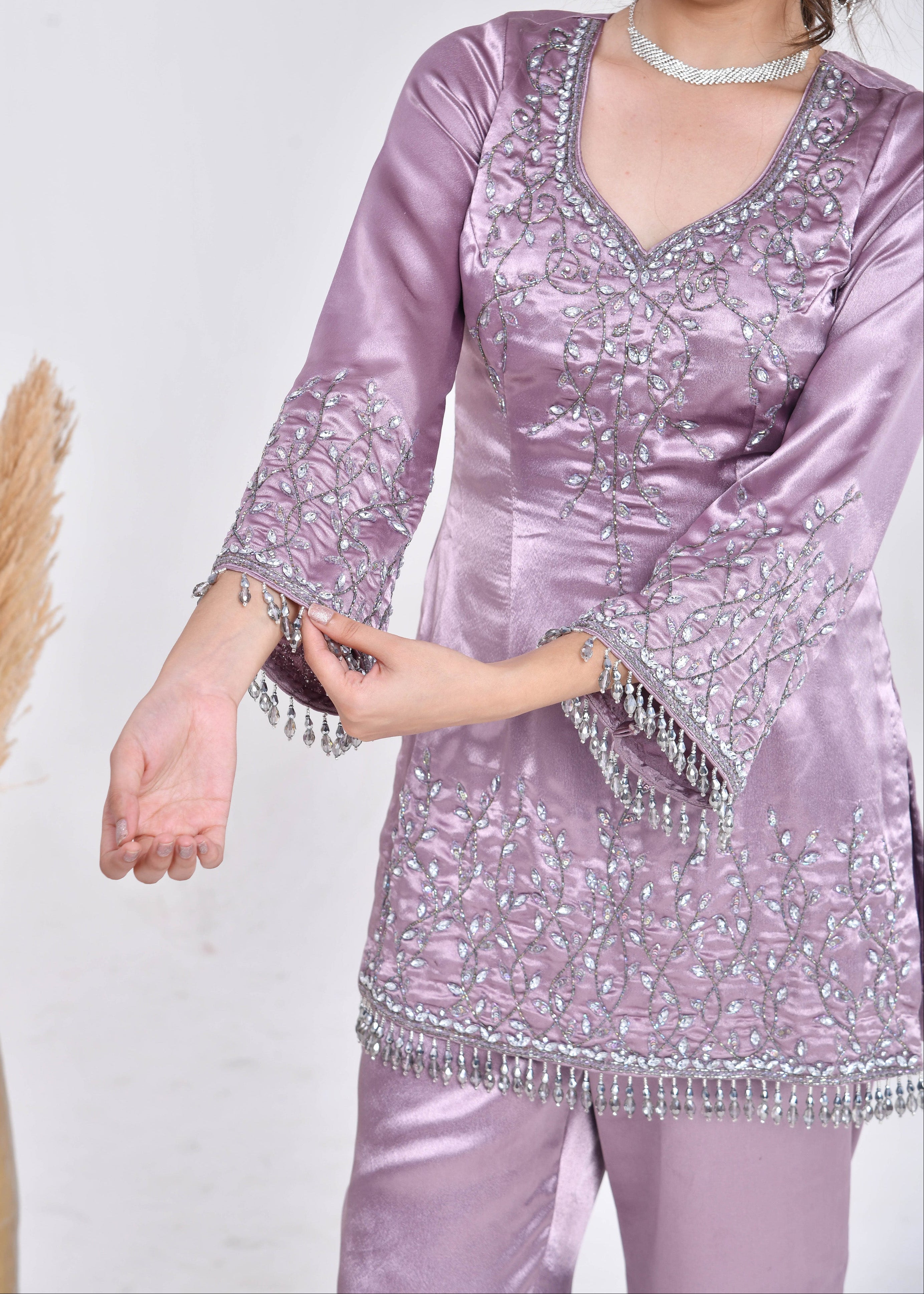 Mauve Hand-Embroidered Satin Sharara Suit