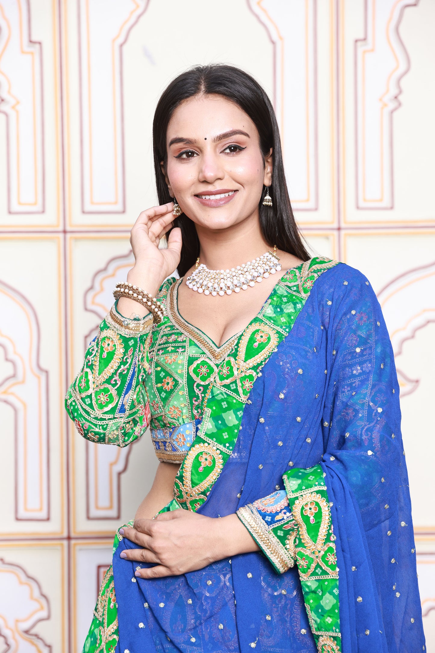 Green and Blue Embroidered Viscose Crepe Lehenga