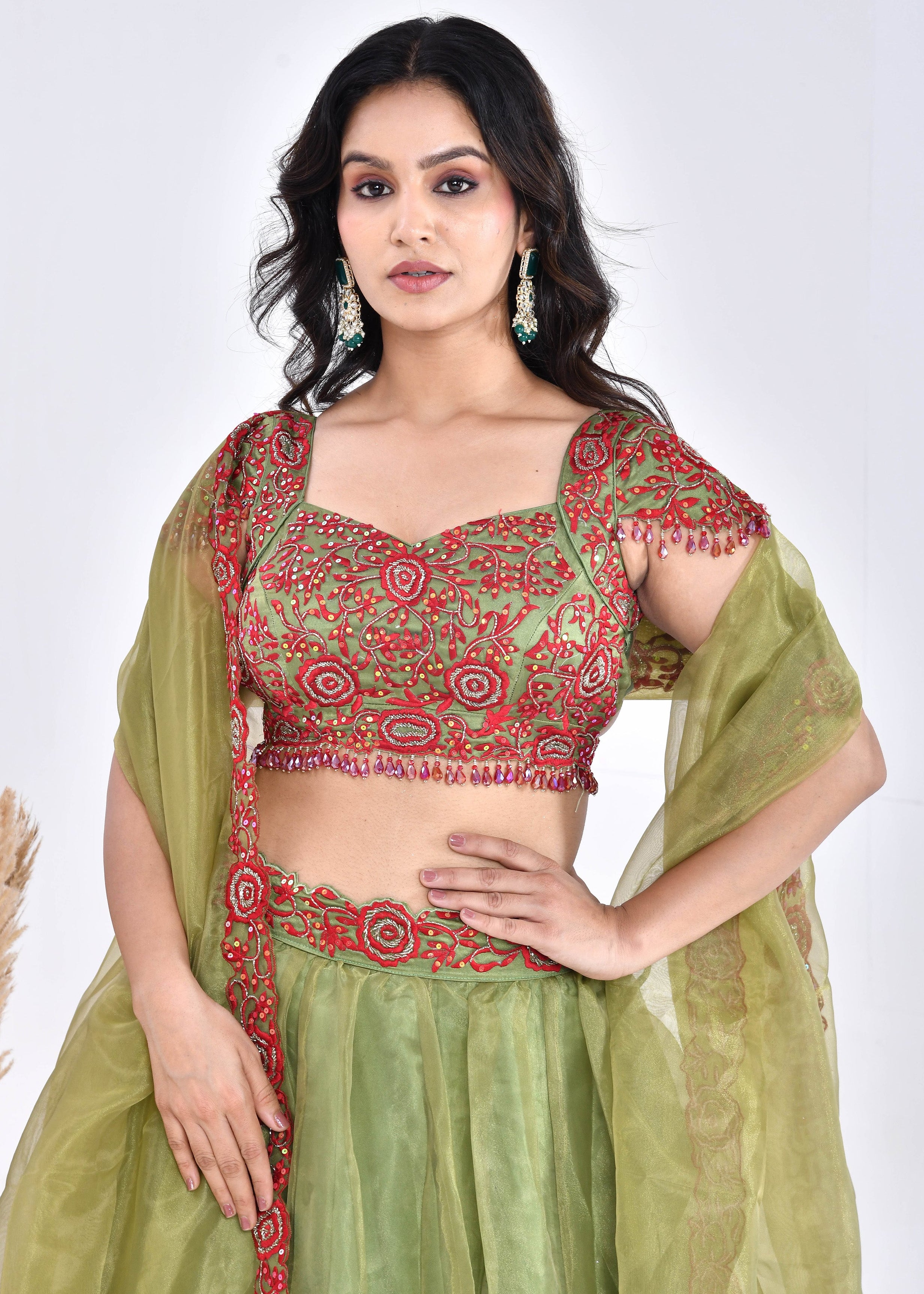 Olive Green Hand-Embroidered Silk Lehenga