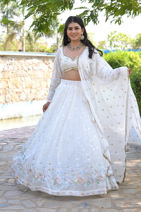 White Multicolor Floral Embroidered Georgette Lehenga