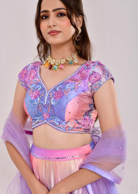 Multicolor Floral Hand-Embroidered Satin Silk Lehenga