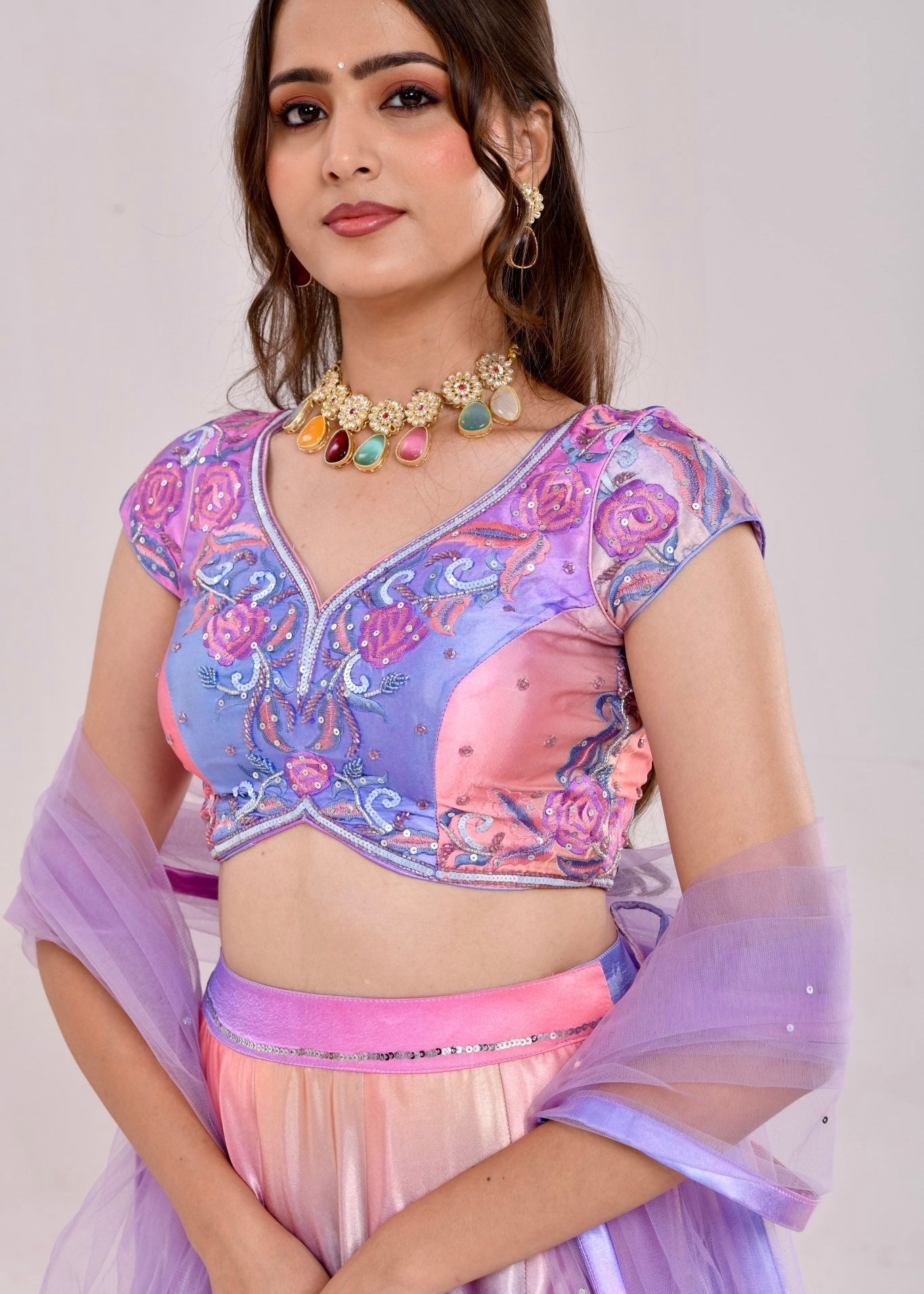Multicolor Floral Hand-Embroidered Satin Silk Lehenga