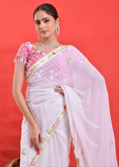 White Floral Hand-Embroidered Georgette Saree