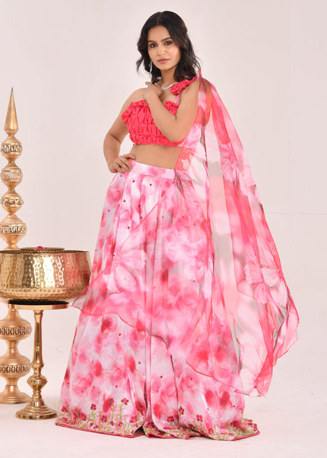 Pink Floral Hand-Embroidered Satin Silk Lehenga