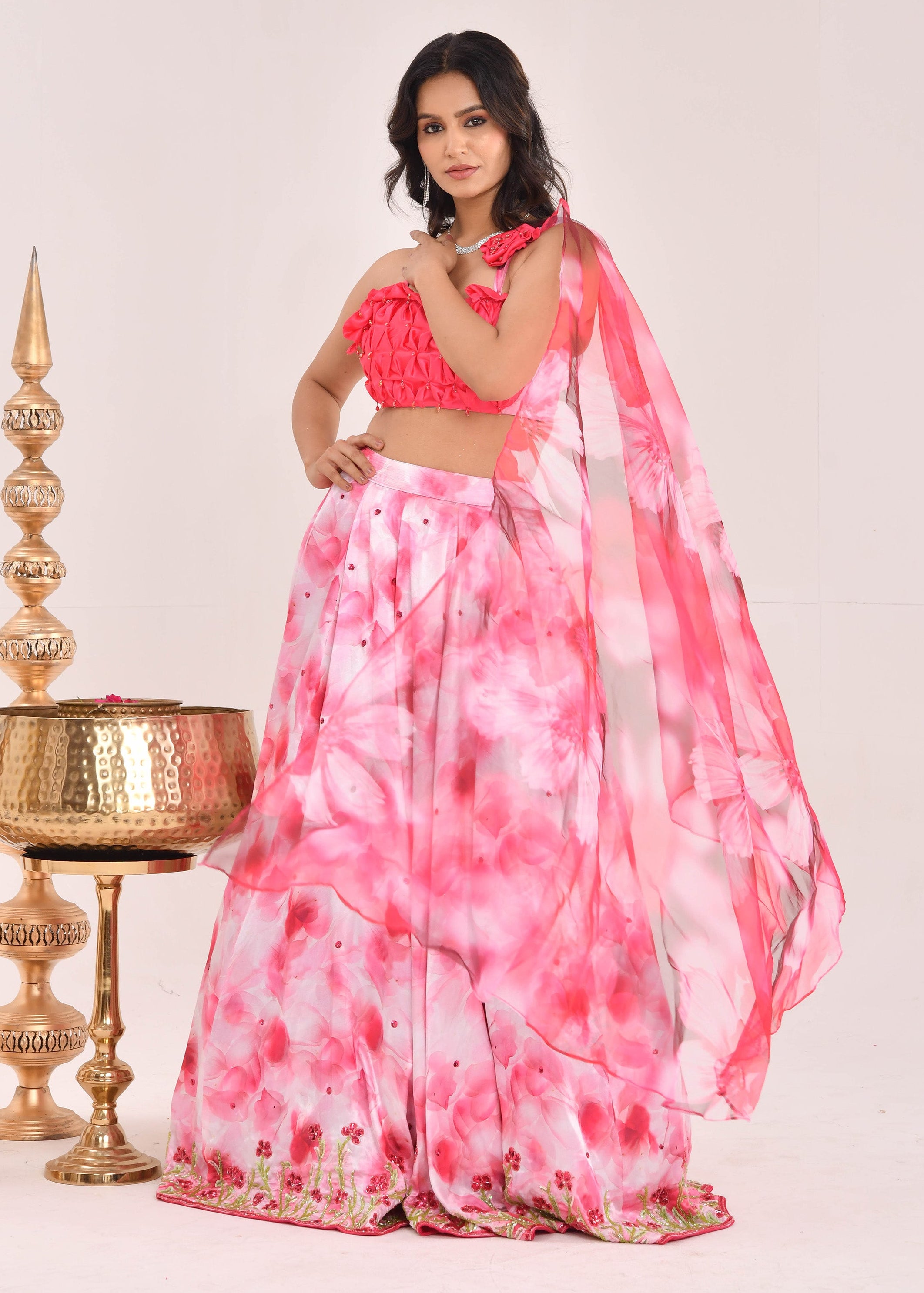 Pink Floral Hand-Embroidered Satin Silk Lehenga