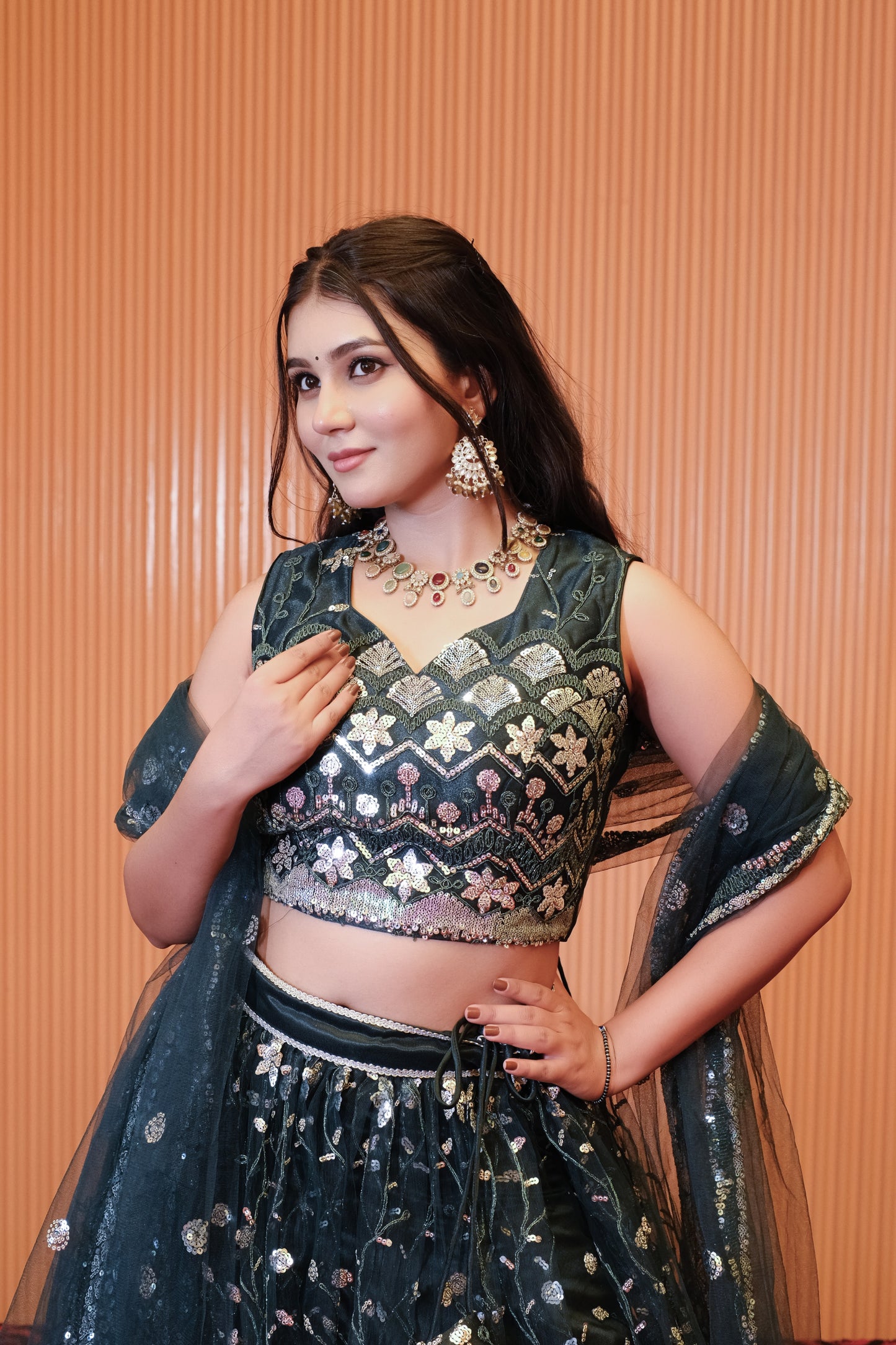 Dark Teal Sparkle Embroidered Net Lehenga