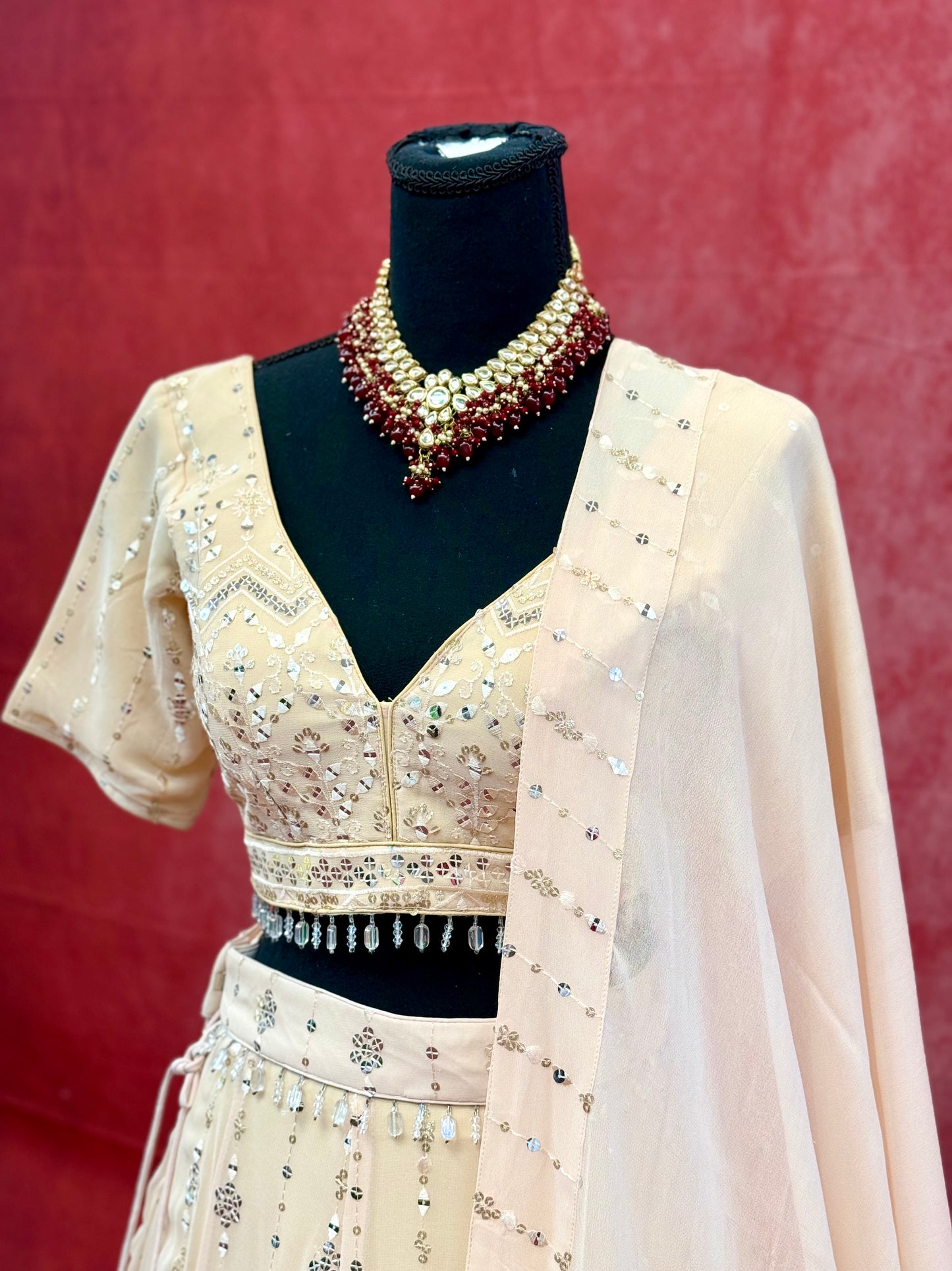 Cream Pure Dyeable Chiffon Lehenga with Silver Embellishments