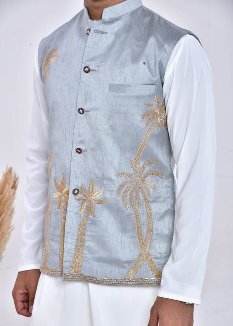 Grey Embroidered Raw Silk Nehru Jacket Set