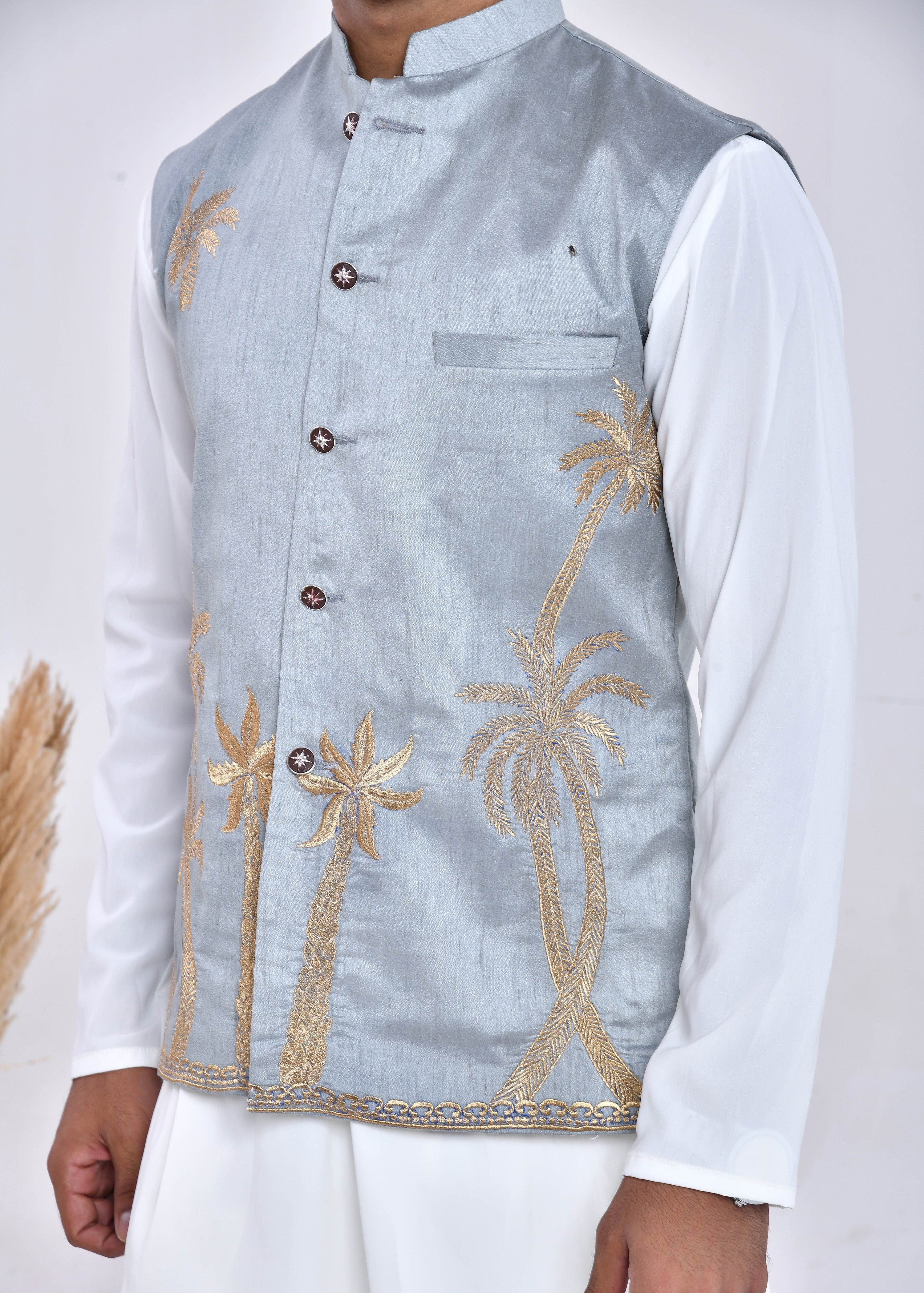Grey Embroidered Raw Silk Nehru Jacket Set