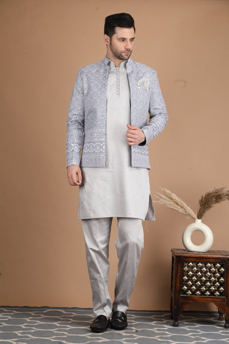 Grey Silk Nehru Jacket Set