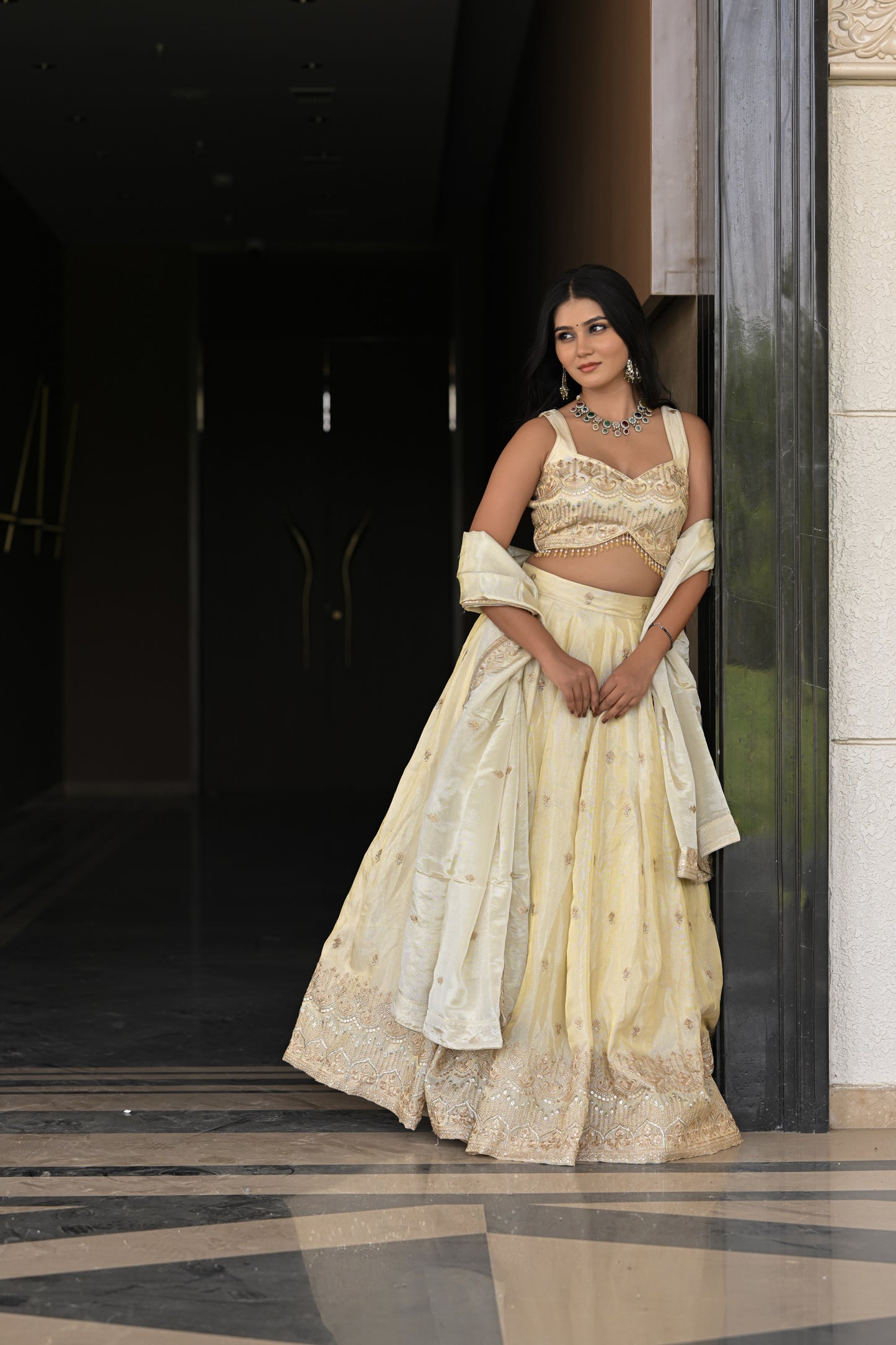 Off-White and Beige Embroidered Silk Lehenga