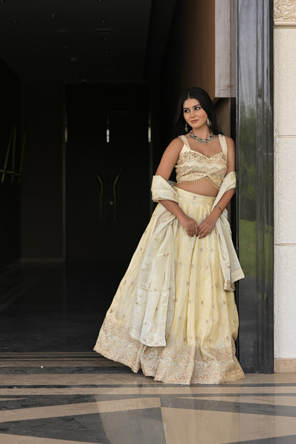 Off-White and Beige Embroidered Silk Lehenga