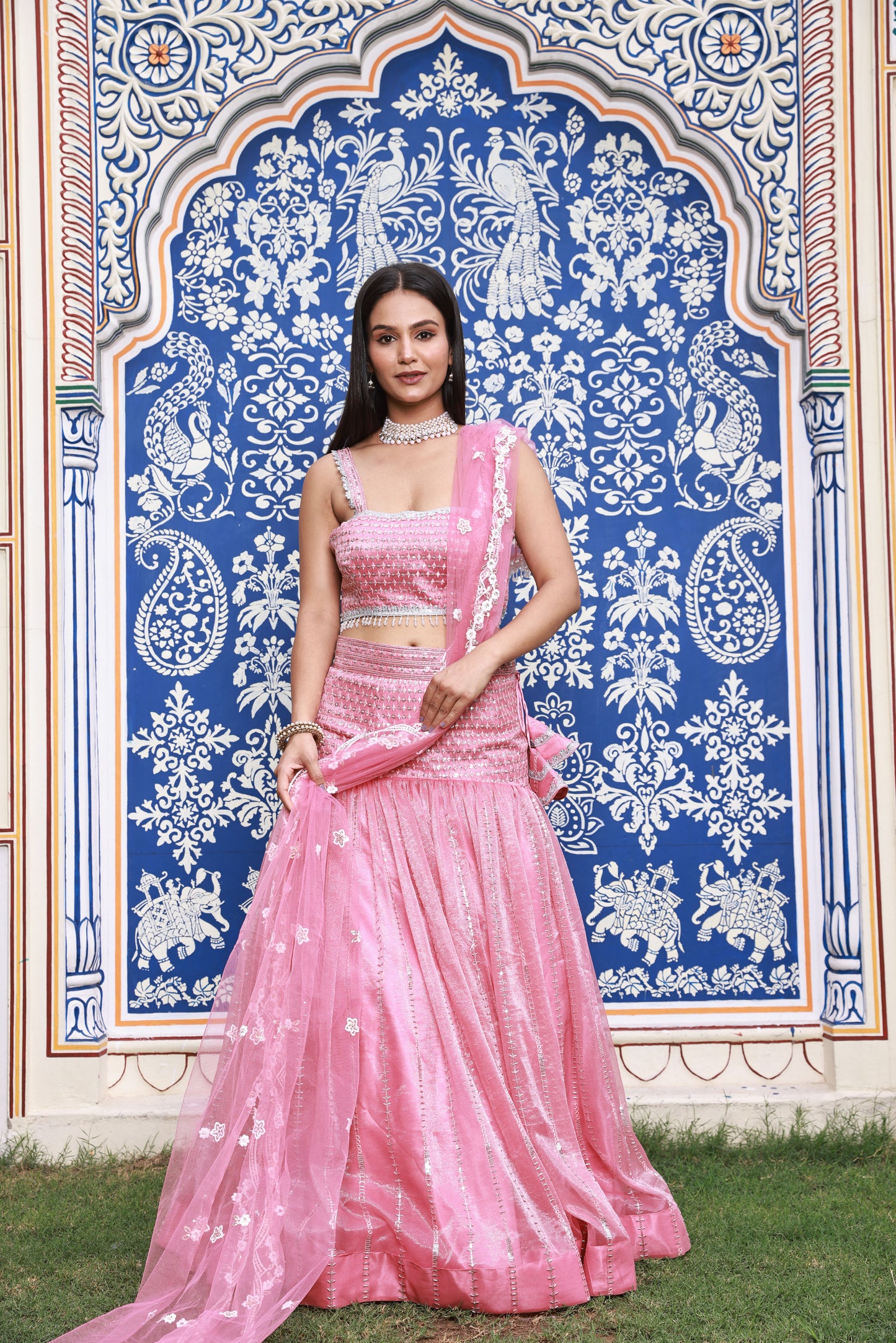 Pink Trumpet-Style Hand-Work Silk Lehenga