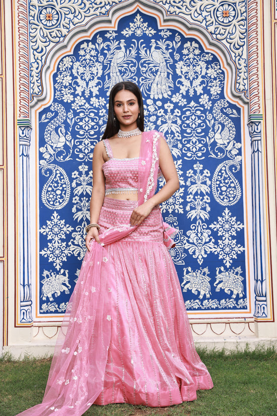 Pink Trumpet-Style Hand-Work Silk Lehenga