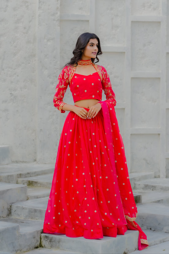 Scarlet Red Hand Embroidered Georgette Lehenga