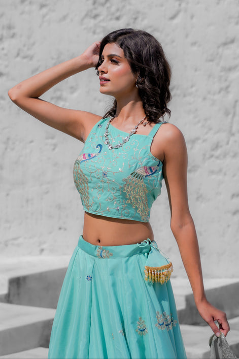 Mint Embroidered Silk Lehenga