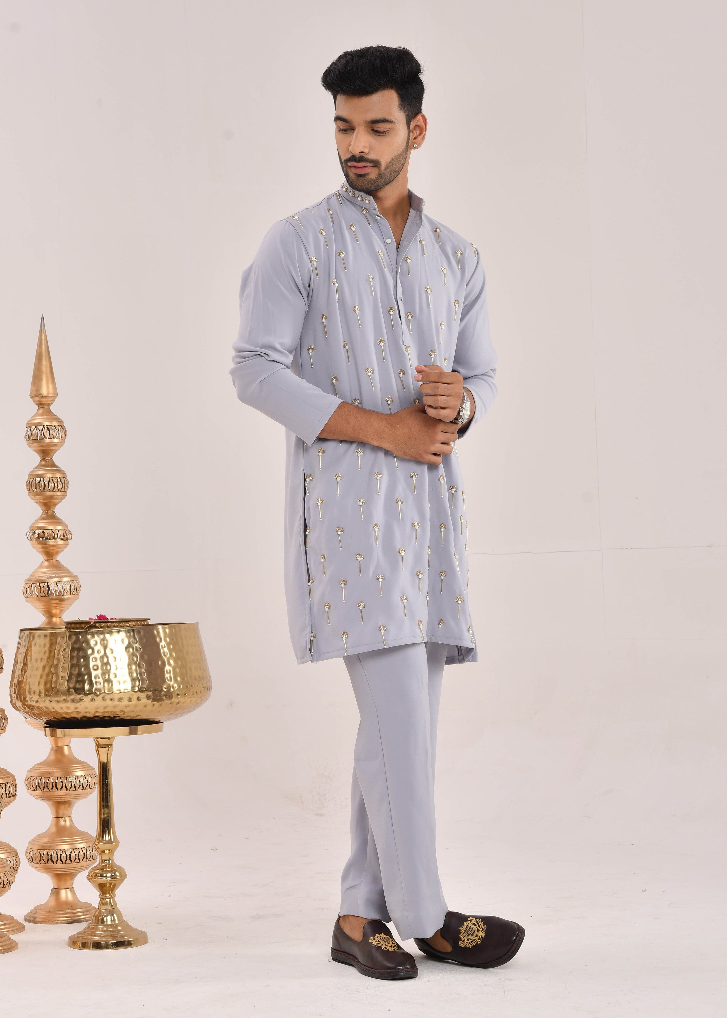 Powder Blue Hand-Embroidered Silk Kurta Set